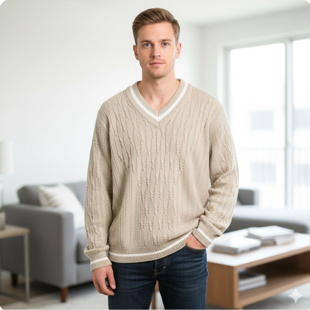 Bill Blass Men’s V-Neck Cotton Linen Blend Sweater Beige Tan Knit Pullover Large